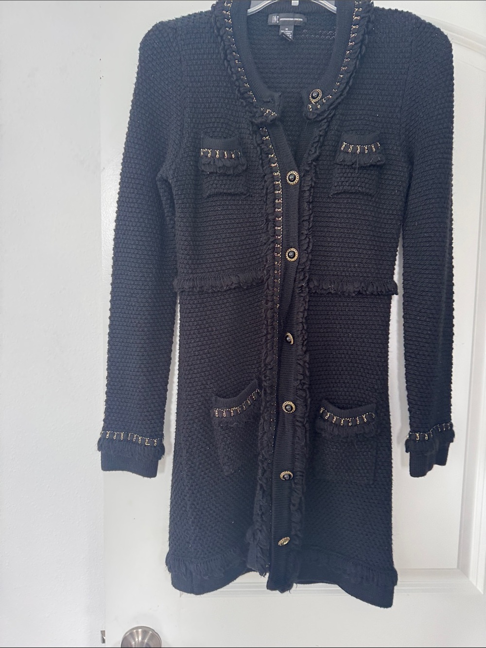 INC International Concepts Black Long Cardigan with Gold Trim (Chanel style)